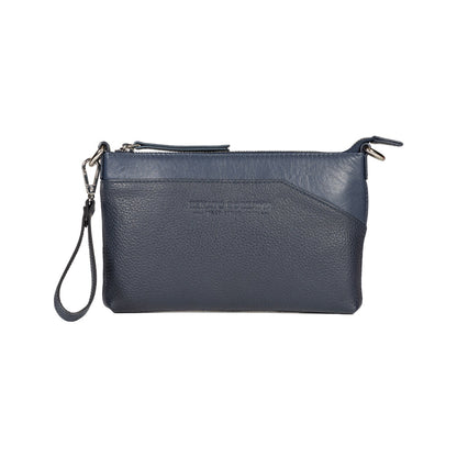 RB2003D | Shoulder/Wrist Bag in Genuine Full Grain Leather, Dollar Grain/Light. Removable Shoulder Strap and Handle. Color Blue. Dimensions: 22 x 14 x 2.5 cm. Packaging: Non-Woven Fabric Bag-1
