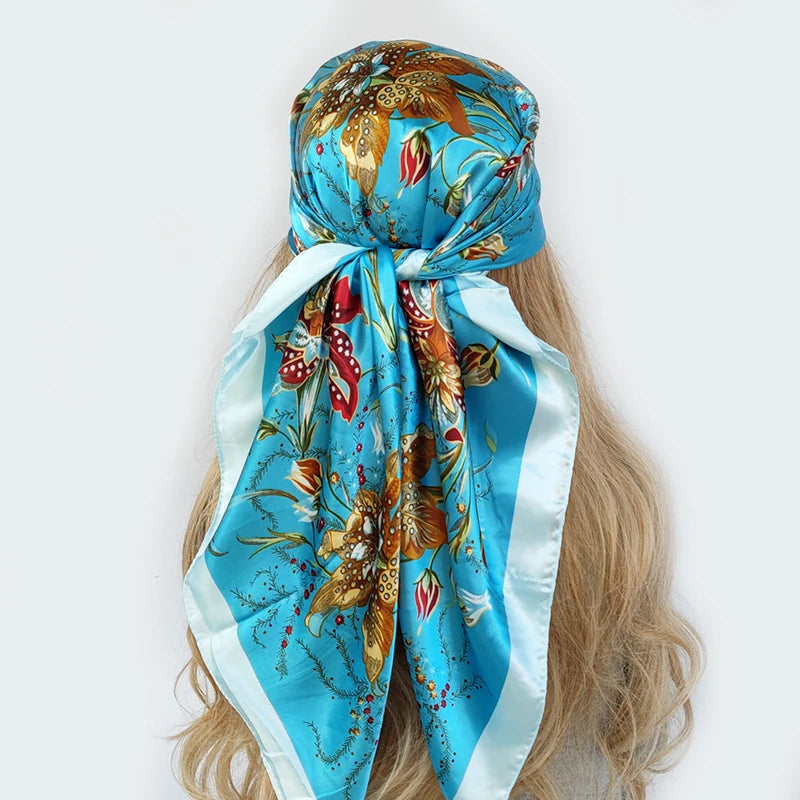 Elegante 90x90cm Bloemen Haar Sjaal voor Vrouwen - Stylish Designer Zachte Satijnen Sjaal & Halsdoek - Perfecte Vierkante Zijden Hals- & Haar Sjaal