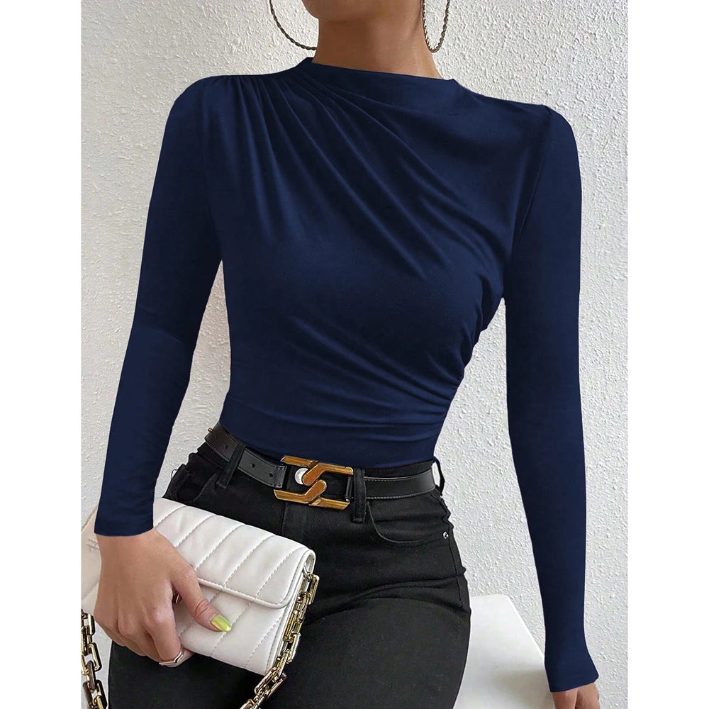 Verhoog je herfstgarderobe: Mia Muse Dames Stijlvolle Rimpel Lange Mouw Crewneck T-Shirts