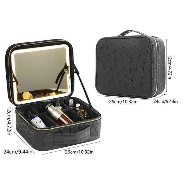 Strakke LED-verlichte cosmetica-etui met spiegel - Stijlvolle PU leren draagbare reismake-up organizer - Waterdichte make-upopslagoplossing