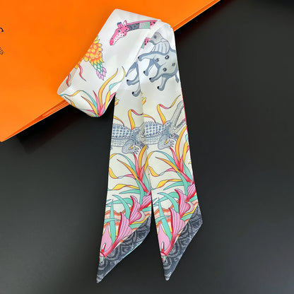 2024 Chic Zebra Florale Zijden Sjaal - Luxe Modeaccessoire voor Vrouwen, Veelzijdige Haarband, Stijlvolle Neckerchief en Elegante Tas Sjaal