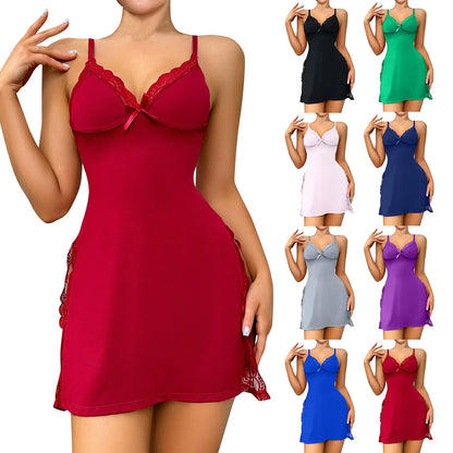 Chic Dames Kant Patchwork Slipdress met Vlinderaccenten en Flirtende Zijsplit – Elegante Rimpel Hem Nachtkleding