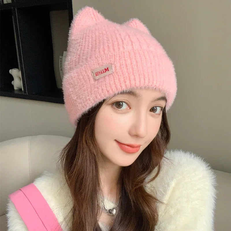 Schattige Kattenoor Gebreide Beanie - Gezellige Neppelzen Wintermuts voor Vrouwen, K-Pop Geïnspireerde Snoepkleuren voor Trendy Streetwear!