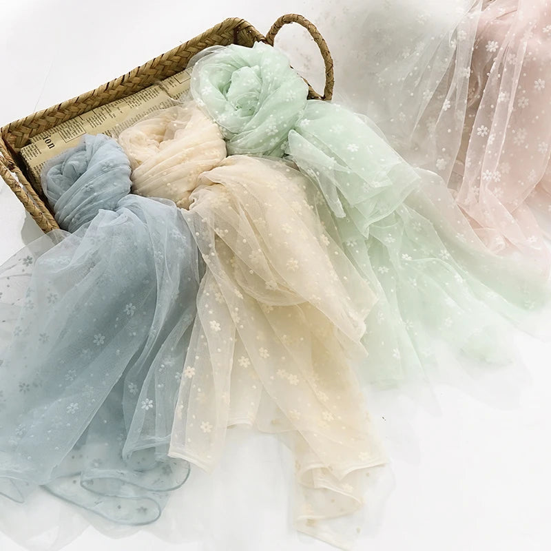 Flower Flocked Tulle Fabric 145x100cm Soft Mesh Fabric for Bridal Veil Princess Dress Doll Skirt Sewing Material