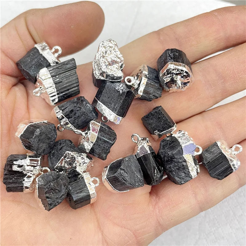 Raw Black Tourmaline Pendant Set 12pcs Natural Crystal Charm Gold Edge Irregular Stone for Jewelry Making Reiki Supplies
