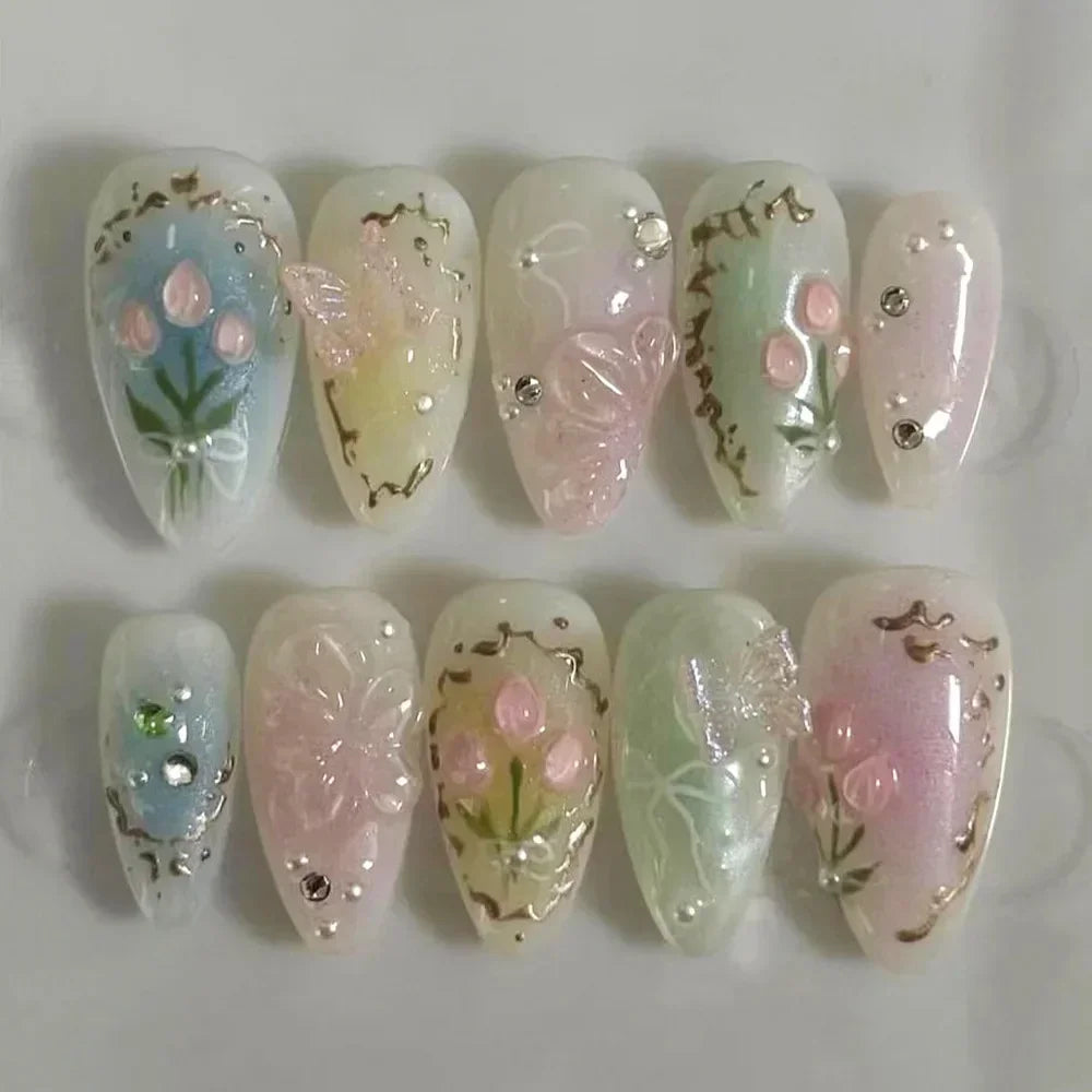 24-delige afneembare Franse nepvalse nagels set met bloem, amandelvorm, sterren en glitters ontwerp - Perfect voor DIY manicure liefhebbers!