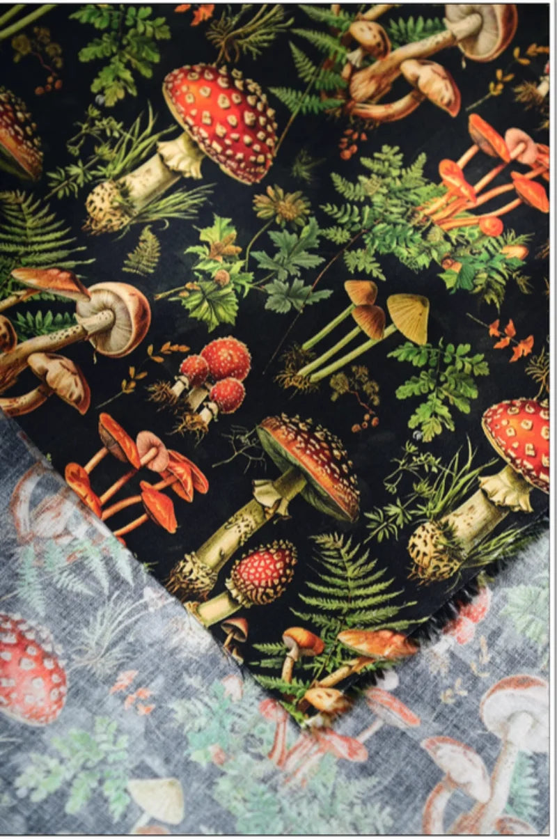Mushroom Print Cotton Fabric Nordic Botanical Pattern for Sewing Bags Quilting DIY Crafts by Meter