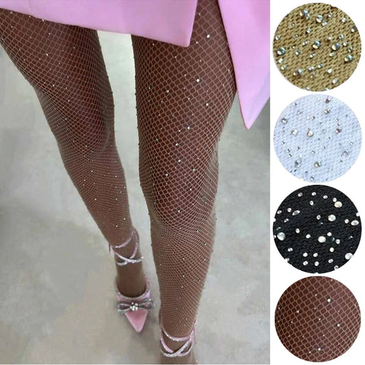 Stijlvolle 2024 Zomer Visnet Diamant Panty voor Vrouwen - Glanzende Mouwen met Rhinestone Accenten voor een Flatterende Pasvorm