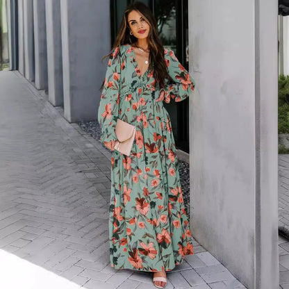 Chic Bloemen Chiffon Maxi Jurk voor Dames – Perfect voor Lente en Zomer met Gerimpelde Lagen en Elegante Lange Mouwen, Ideaal voor Feesten!