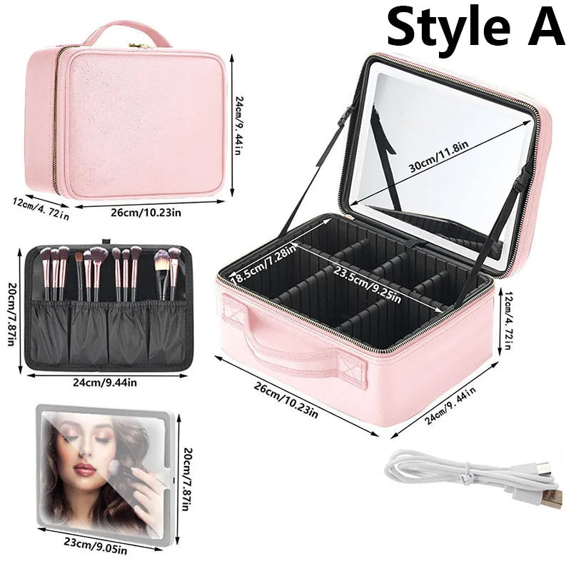 Strakke LED-verlichte cosmetica-etui met spiegel - Stijlvolle PU leren draagbare reismake-up organizer - Waterdichte make-upopslagoplossing