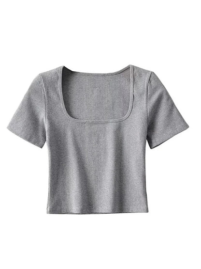 Chic Dames Vierkante Hals Geribbelde Crop Tee met Korte Mouwen