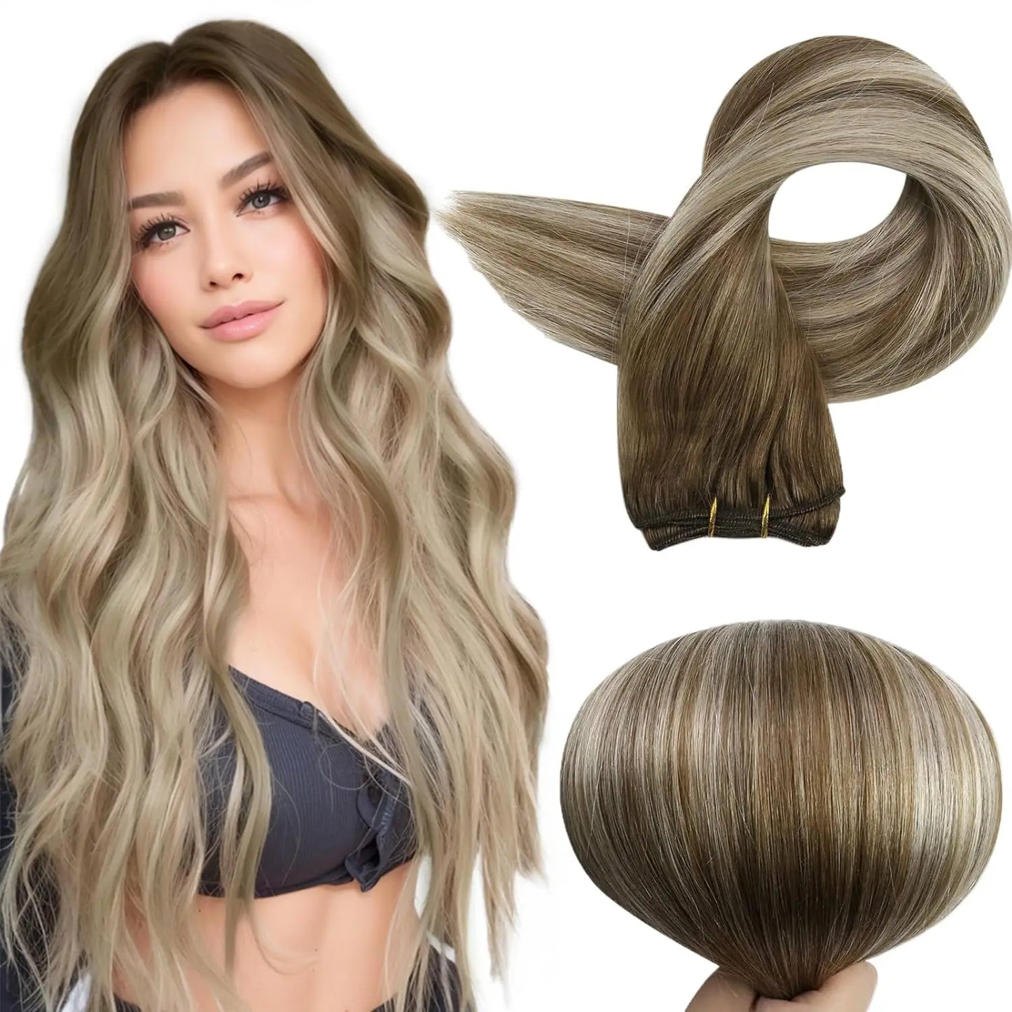 Verander Je Uiterlijk met Full Shine Ombre Blonde Menselijk Haar Weft Extensions - Zijdeachtig Steil 100g Remy Skin Dubbele Weft Bundels voor een Perfecte Salonafwerking!