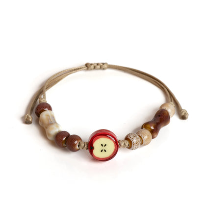 Charmante Ambachtelijke Appel Keramische Armband met Verstelbaar Geweven Koord - Schattige Cartoon Sieraad Perfect voor Cadeaus