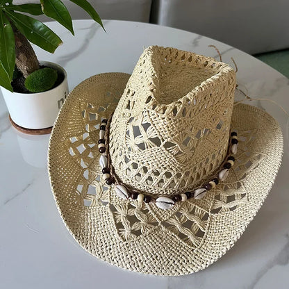 Stijlvolle Vintage Boheemse Strohoed met Houten Kralen - Perfect voor Zomerse Stranddagen en Westerse Avonturen!