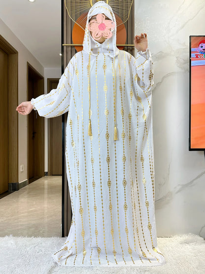 Elegante Katoenen Ramadan Abaya met Dubbele Hoeden - Prachtig Goudstofontwerp voor Moslimvrouwen met Gebed en Speciale Gelegenheden - Geïnspireerd door Dubai en Turkse Kaftanstijlen