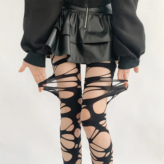 Soepele Gothic Visnetkousen - Gescheurde Punkstijl voor Heerlijke Meisjes in Subcultuurmode