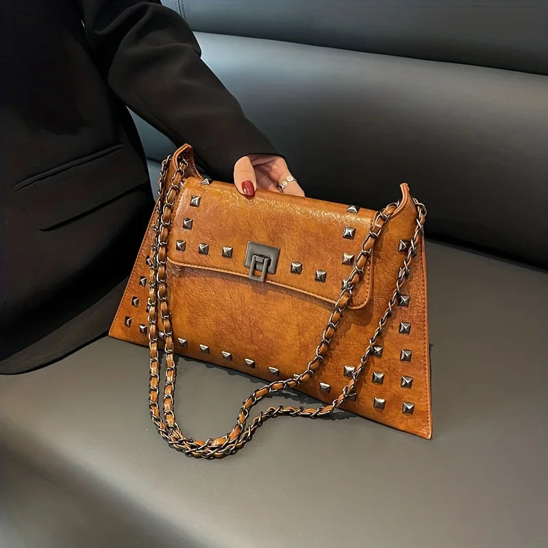 Elegante Vintage Nieten Kettingtas - Klassieke Draaislot Schoudertas voor Stijlvolle Vrouwen - Jouw Veelzijdige Dagelijkse Essentie