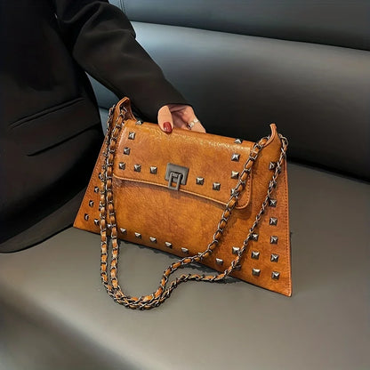 Elegante Vintage Nieten Kettingtas - Klassieke Draaislot Schoudertas voor Stijlvolle Vrouwen - Jouw Veelzijdige Dagelijkse Essentie