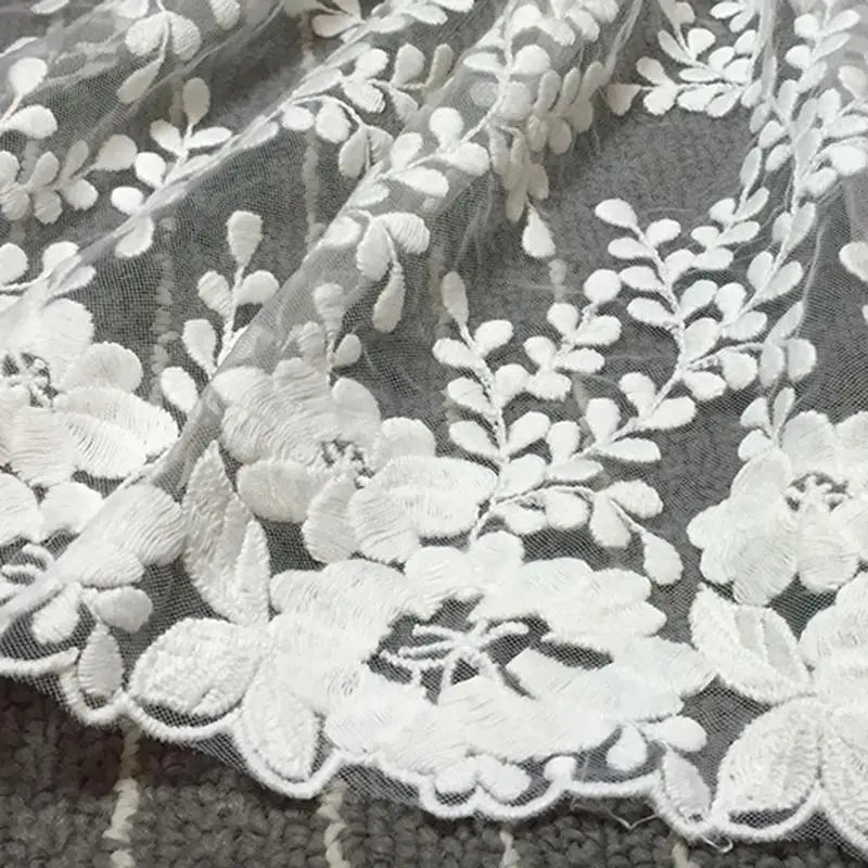 White Embroidered Lace Fabric 1 Yard Floral Mesh Lace Trim for Dress Sewing Wedding DIY Garment Decor