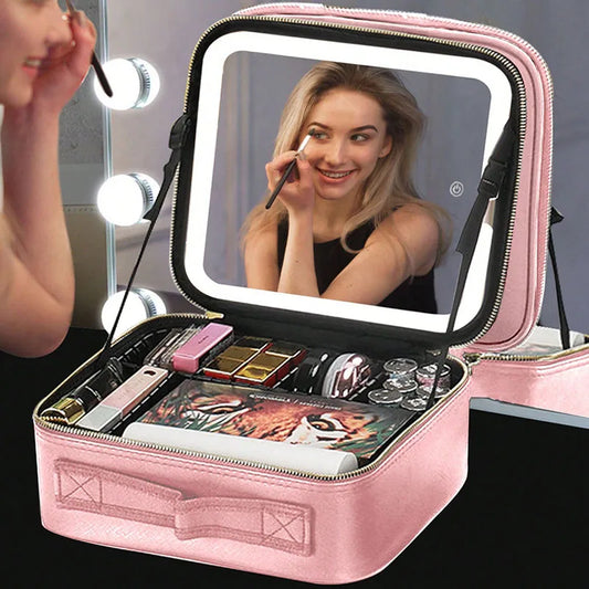 Strakke LED-verlichte cosmetica-etui met spiegel - Stijlvolle PU leren draagbare reismake-up organizer - Waterdichte make-upopslagoplossing