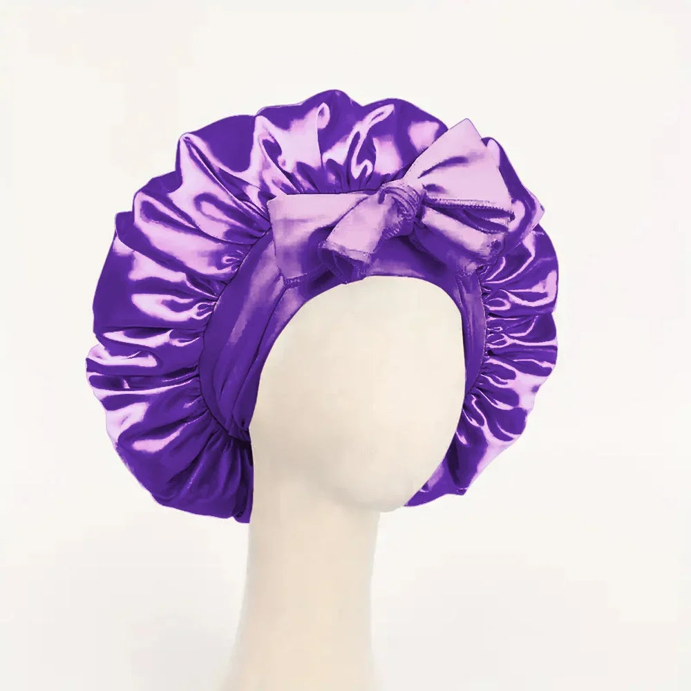 Satin Silk Hair Bonnet Adjustable Tie Band Wide-brimmed Night Sleeping Bathing Hat Bonnet for Women Unisex Protective Headwear