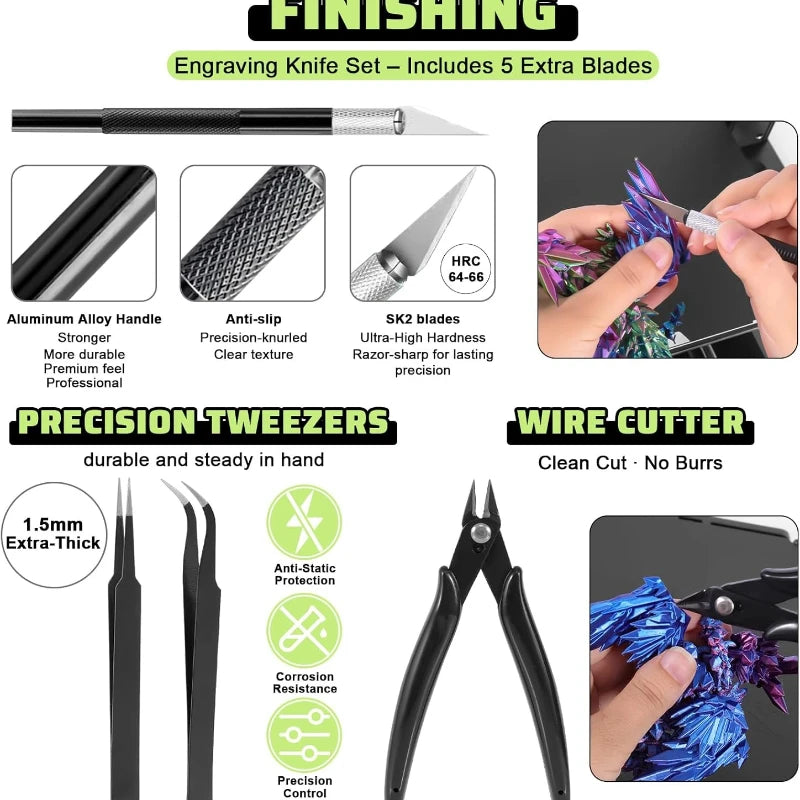 34pc 3D Printer Tool Kit Nozzle Cleaning Needles Scraper Tweezers Wire Cutter Files 3D Print Finishing Tools for FDM SLA