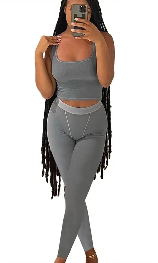 Chique Geribbelde 2-delige Zomer Lounge Set voor Vrouwen: Comfortabele Top & Rekbare Leggings Combinatie