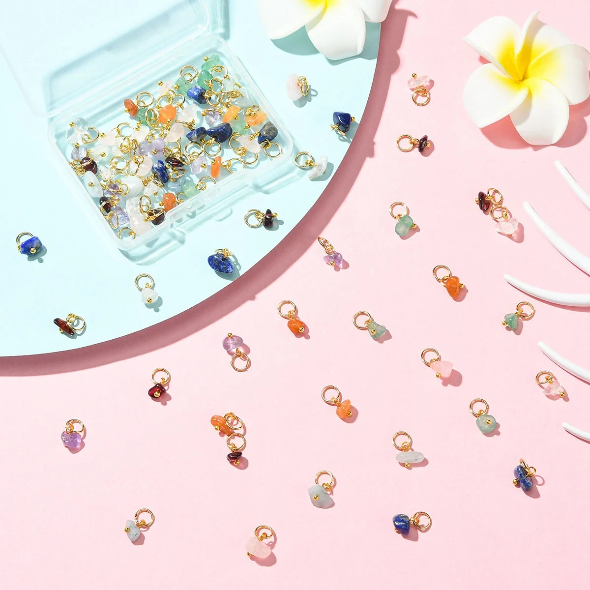 80pcs Gemstone Nugget Charms Gold Loop Stone Pendants for DIY Bracelet Earring Jewelry Making Supplies