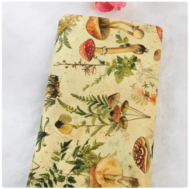Mushroom Print Cotton Fabric Nordic Botanical Pattern for Sewing Bags Quilting DIY Crafts by Meter