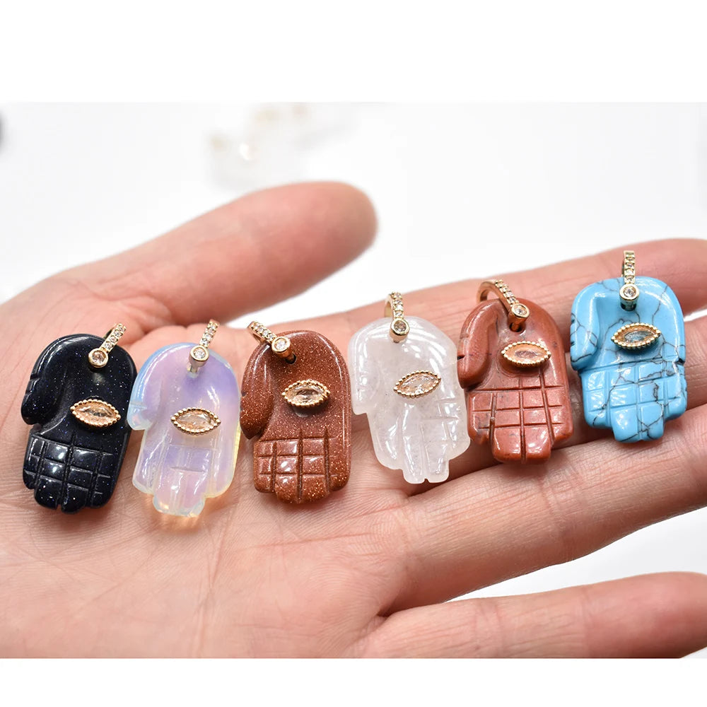 Natural Stone Hamsa Hand Charms 6pcs Carved Amethyst Rose Quartz Palm Pendants for Jewelry Making DIY Necklace Supplies