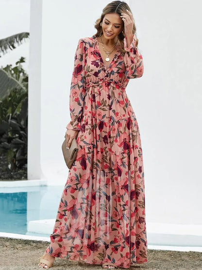 Chic Bloemen Chiffon Maxi Jurk voor Dames – Perfect voor Lente en Zomer met Gerimpelde Lagen en Elegante Lange Mouwen, Ideaal voor Feesten!