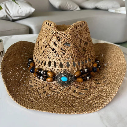 Stijlvolle Vintage Boheemse Strohoed met Houten Kralen - Perfect voor Zomerse Stranddagen en Westerse Avonturen!