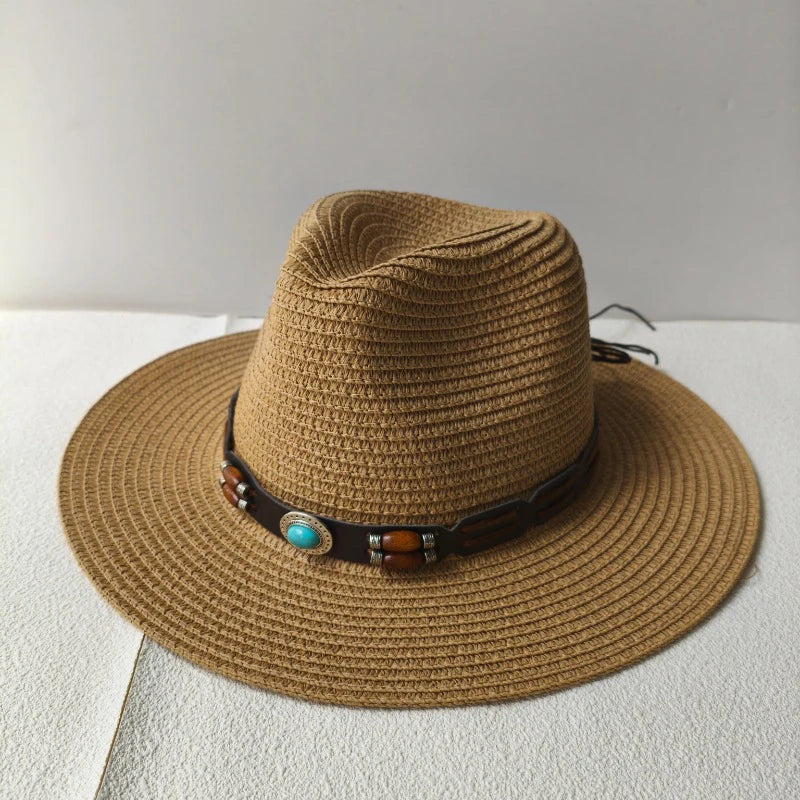Stijlvolle Vintage Boheemse Strohoed met Houten Kralen - Perfect voor Zomerse Stranddagen en Westerse Avonturen!
