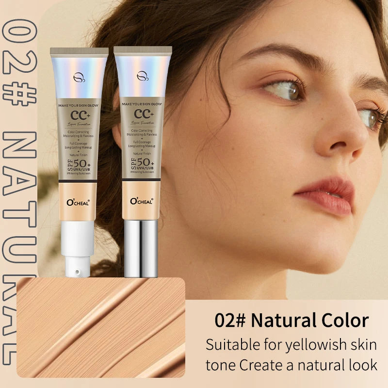 Ocheal 30g CC Cream Foundation - Waterdichte Concealer & Vochtinbrengende Zonnebrandcrème met SPF 50+ voor Langdurige, Verhelderende Make-up Primer