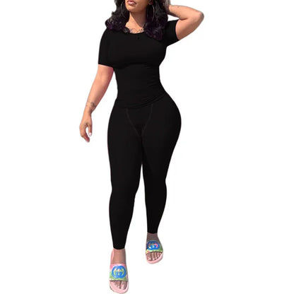 Chique Geribbelde 2-delige Zomer Lounge Set voor Vrouwen: Comfortabele Top & Rekbare Leggings Combinatie
