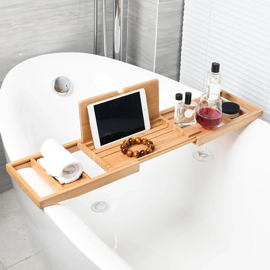 Elegante Uittrekbare Houten Badkuip Caddy Tray – Premium Badaccessoires met Antislip Tablet Houder en Zeep Dish (60 cm - 87 cm)