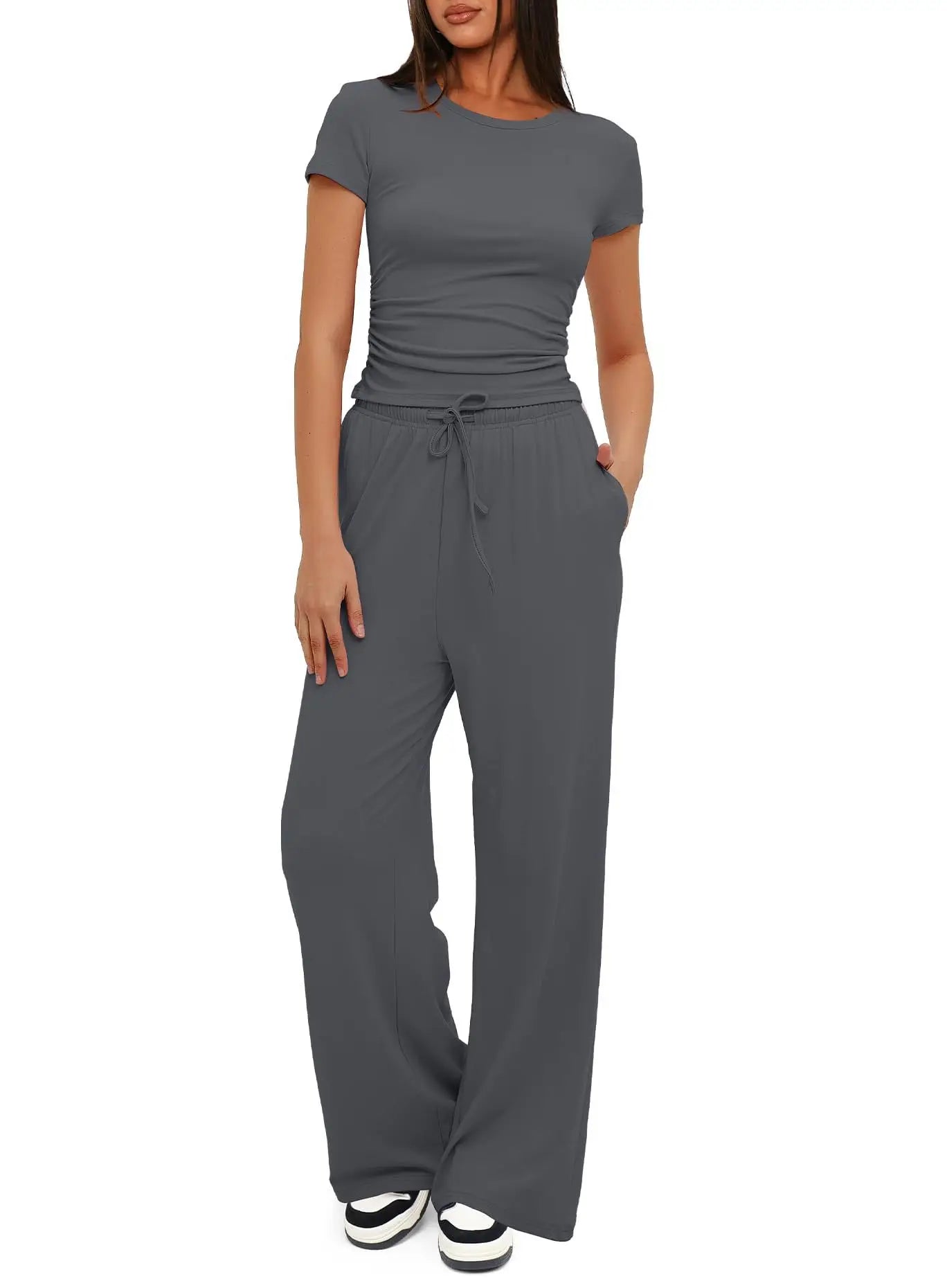 Stijlvolle Dames Twee-delige Set: T-shirt en Wijde Broek met Hoge Taille - Perfect voor Yoga, Sport en Casual Wear in Levensgrote Kleuren!