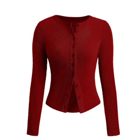 Chic Zomer Gebreide Ribbels Cropped Top voor Vrouwen - Stijlvolle Knop-Front Lange Mouwen Shirt Perfect voor Uitgaansleven en Streetwear Esthetiek!