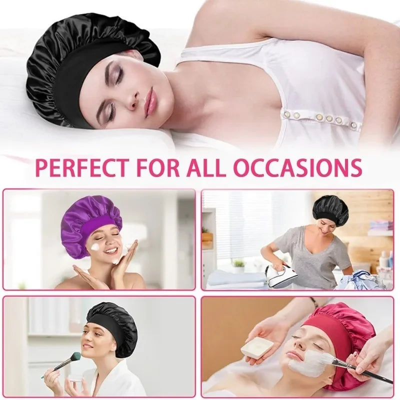 Bonnet Sleeping Cap Nightcap High Elastic Wide Brim Satin Night Hat Shower Silky Bonnet Hair Cover Wrap for Women Man Sleep Cap