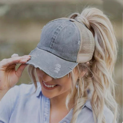 Chic Vintage Paardenstaart Baseballcap voor Dames - Verstelbare Snapback Mesh Zomerhoed met Versleten Afwerking