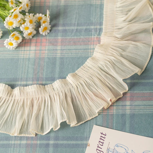 Soft Pleated Milk Silk Lace Trim – 5 × 2.19 Yards (10.94 Yards Total) Elegant Ruffle Fringe for Sewing & Dressmaking