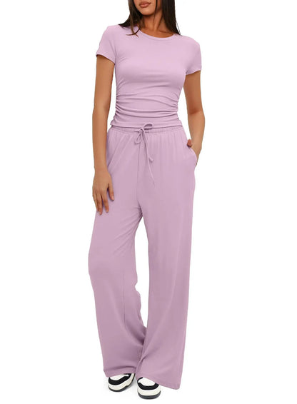 Stijlvolle Dames Twee-delige Set: T-shirt en Wijde Broek met Hoge Taille - Perfect voor Yoga, Sport en Casual Wear in Levensgrote Kleuren!