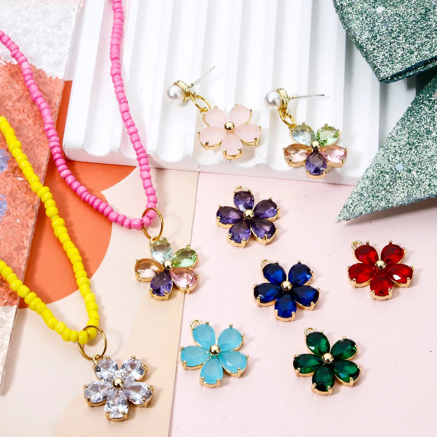 Glass Flower Charm 18K Gold Plated Brass Jewelry Making Supply