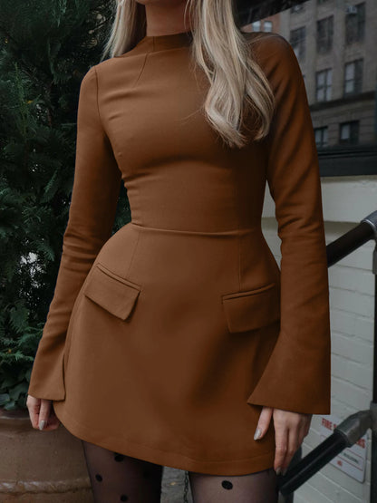 Soepele & Chique Lange Mouw Rits Bodycon Mini Jurk met Zakken - Perfect voor Kantoor & Straatstijl Deze Herfst/Winter!