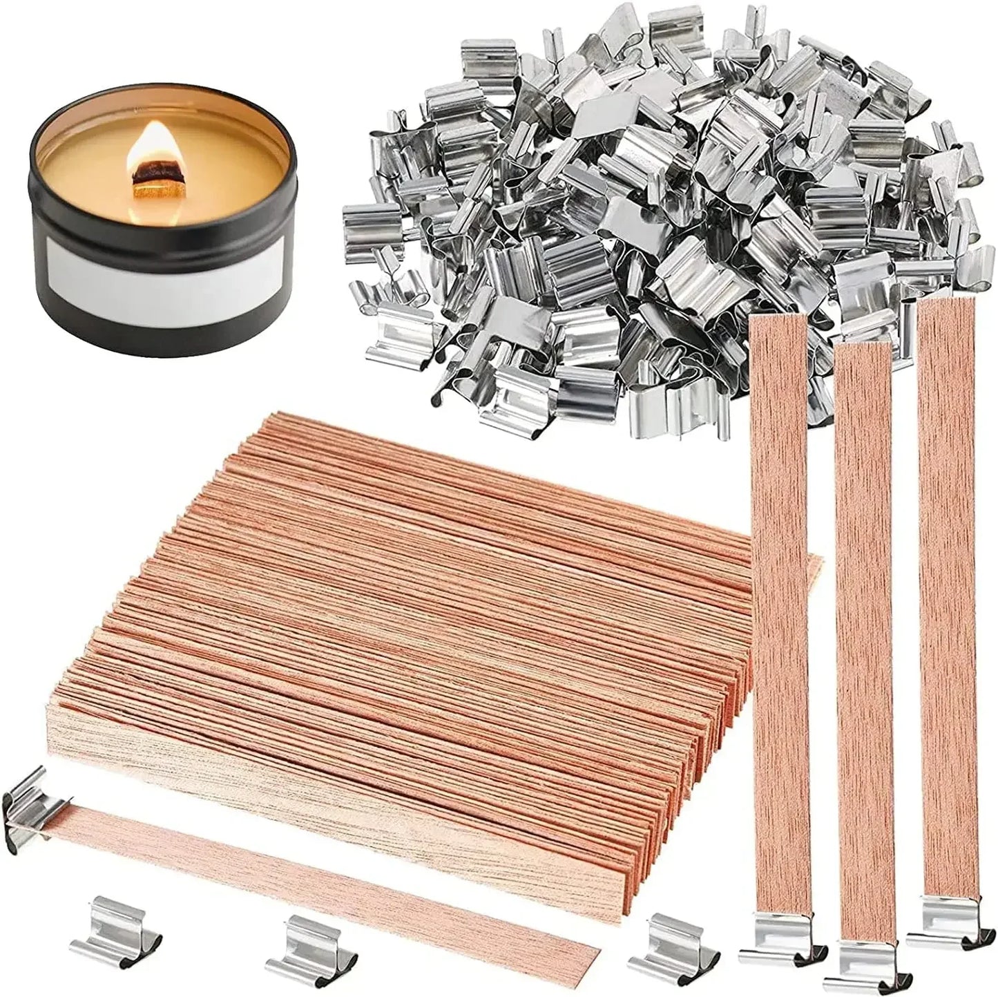 DIY Wood Wick Candle Kit with Metal Bases Smokeless Crackling Wicks for Soy Wax Scented Candle Making