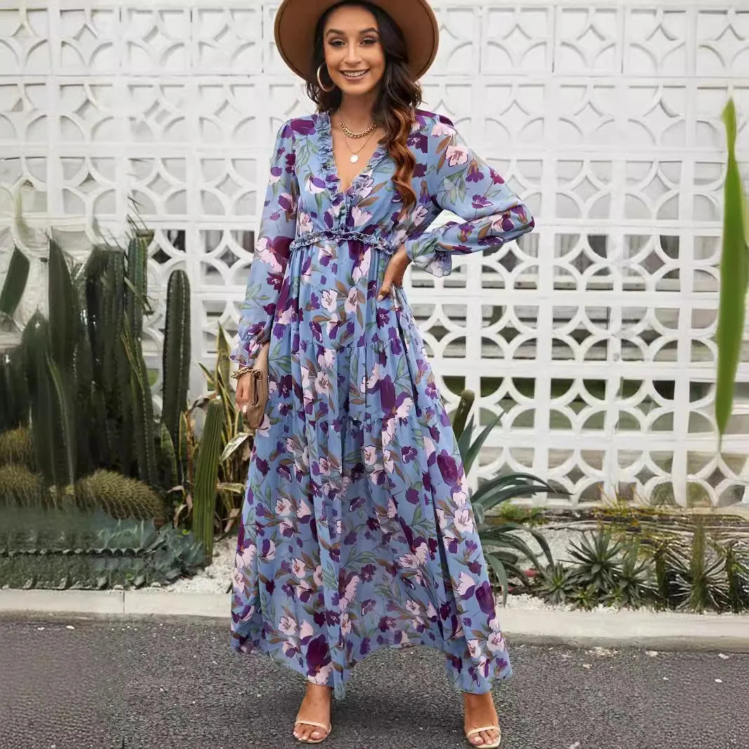 Chic Bloemen Chiffon Maxi Jurk voor Dames – Perfect voor Lente en Zomer met Gerimpelde Lagen en Elegante Lange Mouwen, Ideaal voor Feesten!