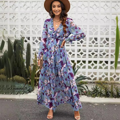 Chic Bloemen Chiffon Maxi Jurk voor Dames – Perfect voor Lente en Zomer met Gerimpelde Lagen en Elegante Lange Mouwen, Ideaal voor Feesten!