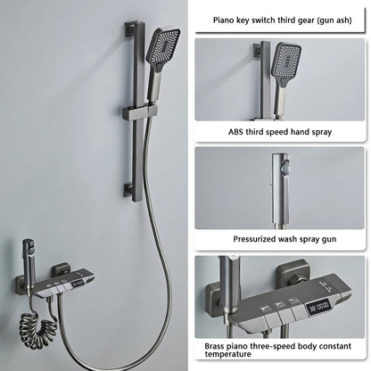 Strak Gun Grey Badkamer Douchesysteem met Piano-Toets Messing Afwerking - Moderne LED Digitale Kraan voor Warme en Koude Menging