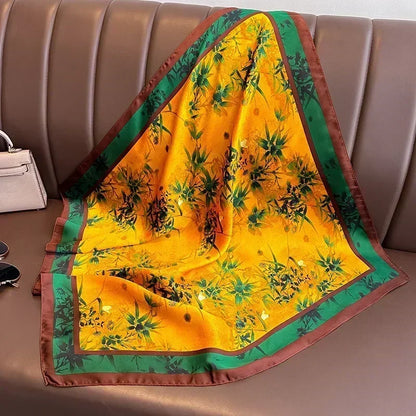 Chic 2025 Lente & Herfst Imitatie Zijde Sjaal voor Vrouwen - 70cm Gedrukt Vierkant Ontwerp, Veelzijdige Zachte Haarband & Sjaal Wikkel, Perfecte Hijab Accessoire!