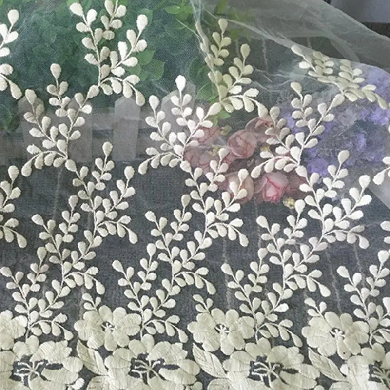 White Embroidered Lace Fabric 1 Yard Floral Mesh Lace Trim for Dress Sewing Wedding DIY Garment Decor